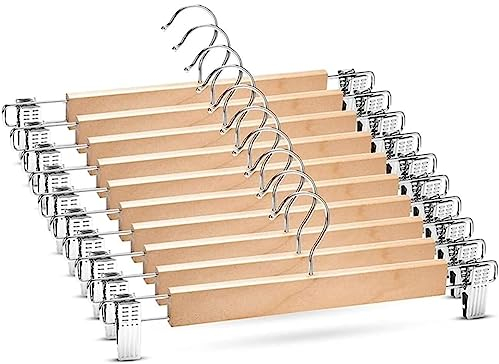 10 Stück 35cm Natur Kleiderbügel aus Holz,Robust Rockbügel, Hosenbügel mit 360° Drehbar Haken, Metall Kleiderbügel Platzsparend mit rutschfest Clips für Hosen Socken Röcke (Holzfarbe)