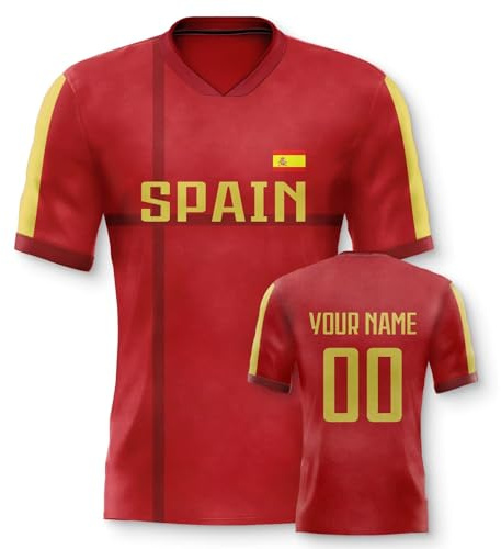 Yolovi Spanien Personalisiertes Fussball Trikot 3D Druck Football Shirt mit Ihrem Namen und Nummer Hip Hop Football Jersey für Herren Damen Kinder, Small-6X-Large