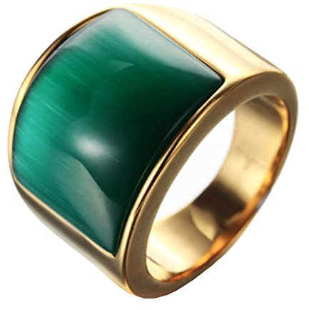 Banemi Verlobungsring In Gold, Vintage Ringe Herren Edelstahl Goldring mit Grünem Katzenaugenstein Vatertagsgeschenk Größe 60 (19.1)