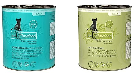 catz finefood N° 21 Wild & Rotbarsch Feinkost Katzenfutter nass & N° 5 Lachs & Geflügel Feinkost Katzenfutter nass, verfeinert mit Spinat & Tomate, 6 x 800g Dosen
