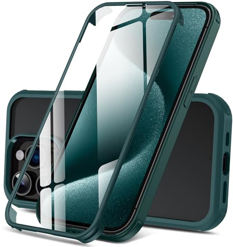 DOSNTO Doppelseitig Durchsichtig Hülle für iPhone 15 Pro (6.1''), 360 Grad Ganzkörper Stoßfeste Fallschutz Transparent Handyhülle Eingebauter Gehärtetem Glas Displayschutzfolie, Grün