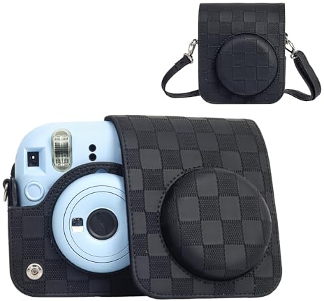 HIYQIN Camera Case Compatible with Fujifilm Instax Instant Mini 12, Checkerboard Style Camera Carry Bag for Fuji Instax Mini 12 with Strap - Classic Black