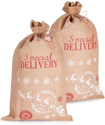 BRUBAKER Weihnachtssack Special Delivery Weihnachtsmann mit Schlitten - 80 cm Geschenksack Weihnachten - Nikolaussack Jutebeutel Sack mit Kordel zum Verpacken von Geschenken - Jutesack - 2 Stück