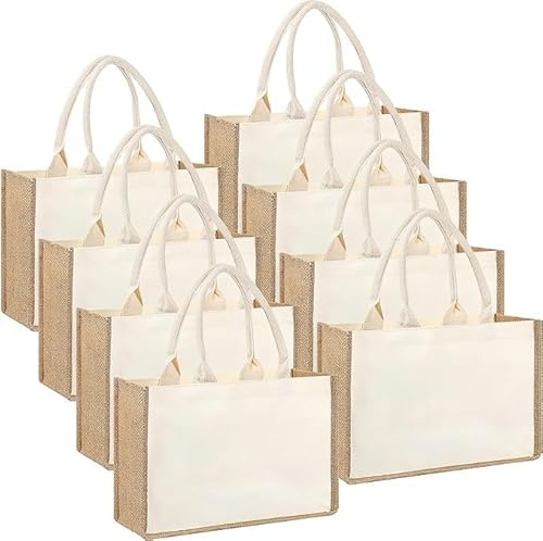 MSYU Lot de 8 sacs fourre-tout en toile de jute, sacs de plage réutilisables avec poignées, sacs cadeaux, sacs de courses pour femmes, broderie DIY, pour fête