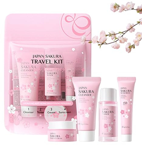 Sakura Gesichtspflege-Set, Geschenk-Set mit Reiniger, Gesichtscreme, Sonnenschutzmittel, Gesichtspflege-Set für Teenager, Mädchen, Schönheitsprodukte für Frauen, 4-teilig