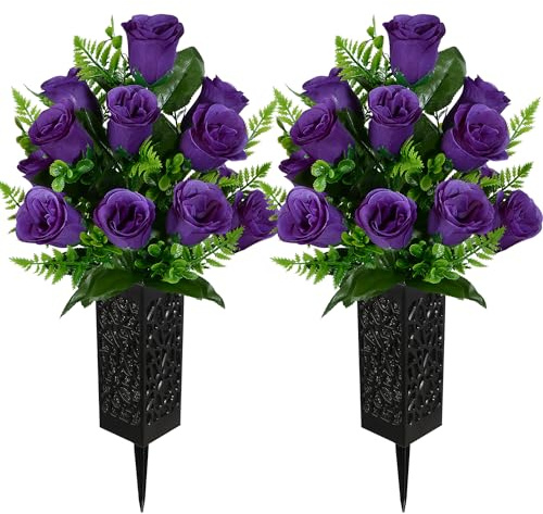 Kukooka Artificial Cemetery Flowers, Grave Memorial Flowers, Set of 2 Artificial Rose Bouquet with Vase for Cemetery Headstones Gravesites Decoration (Purple)