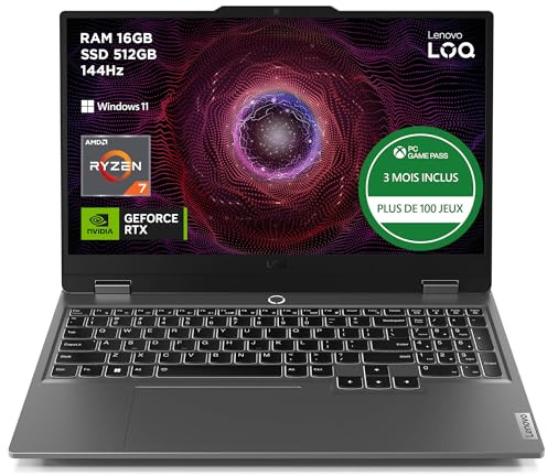 Lenovo LOQ 15AHP9 - Ordinateur Portable Gaming 15.6'' FHD 144Hz (AMD Ryzen 7 8845HS, RAM 16Go, SSD 512Go, NVIDIA GeForce RTX 4050-6GB, Windows 11 Home) Clavier AZERTY Français - Gris Lunaire