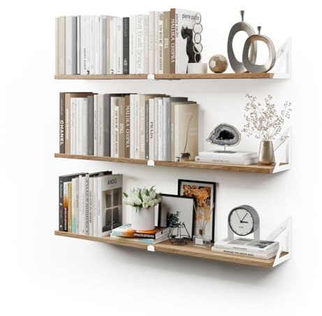 CASSA NOKO Wandmontierte schwebende Bücherregale für die Wand, 3er-Set, Regal Bücherregal für Schlafzimmer Wohnzimmer Büro Badezimmer Küche Rustikales Holz mit Metallhalterung (Naturweiß groß)