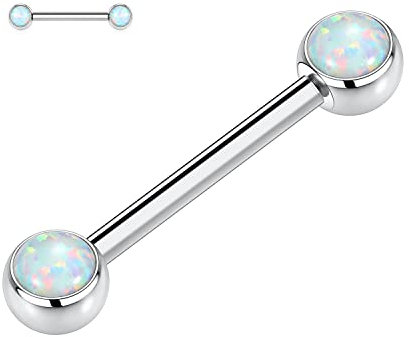 AROWRO 14G Nippel Zunge Ringe G23 Titanium Nippel Zunge Brücke Piercing Schmuck 20mm Nippel Zunge Schmuck Silber Innengewinde Nippel Piercing Set für Frauen Weiß Opal