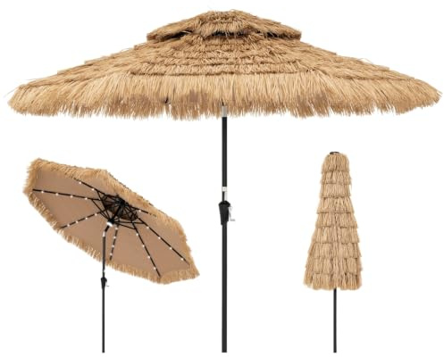 RELAX4LIFE Hawaii Sonnenschirm 270 cm, mit 32 LED Beleuchtung, Reisstroh Strandschirm, Strohschirm mit Neigungsfunktion, Balkonschirm mit Doppeldach, Gartenschirm Terrassenschirm UV-beständig