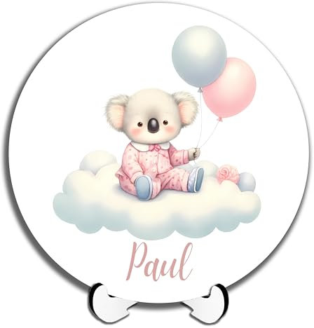 DARO Design - Namensschild Baby Tür-Schild personalisiert Kinderzimmer Deko Kinderzimmertür Geburtsgeschenk Taufgeschenk süße niedliche Tiere Koala-Bär mit Luftballons 20cm