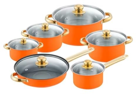 MEIZHITU Topf Set 6-teiliges Kochgeschirr-Set, Orange, Edelstahl, Küchenset mit Bratpfanne, Milchtopf, Suppentopf, Stielkasserolle