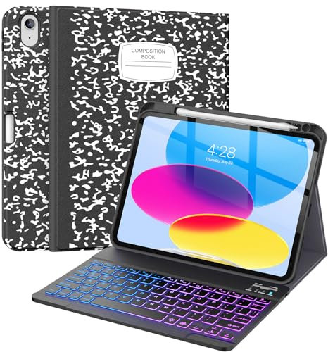 Supveco Keyboard Case for iPad (A16) 11th/10th Generation 11&10.9 Inch with Pencil Holder,7 Colors Backlit Wireless Detachable Folio Keyboard Cover for iPad 11th/10th Gen 2025/2022-Notebook