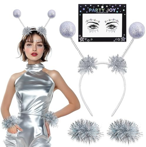 Luckeey Alien Kostüm Damen, Alien Haarreif, Mit Gesichtsaufkleber und Armbänder, Space Girl Kostüm Damen Karneval Accessoires