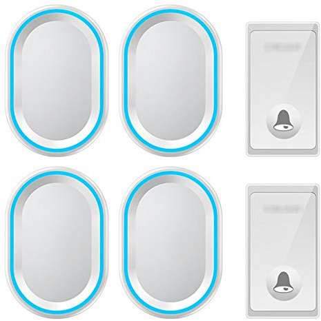 Sonnette sans fil, carillon de porte étanche IP44, 2 boutons poussoirs et 4 récepteurs enfichables avec lumière flash bleue, 4 niveaux de volume réglables, 58 mélodies, convient pour la maison(2
