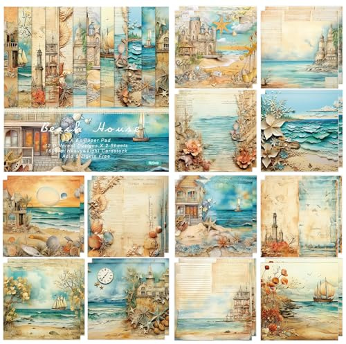 Carta per scrapbooking, 24 fogli di carta decorativa a tema oceano, vintage, 15 x 15 cm, carta per scrapbooking, per fai da te, biglietti di auguri, sfondi, album, diari