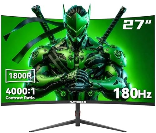 Raywego - Monitor curvado para juegos de 27 pulgadas, 180Hz Full HD 1080P 1800R LED, visualización de monitor de computadora con FreeSync y tecnología de cuidado ocular, compatible con VESA, DP