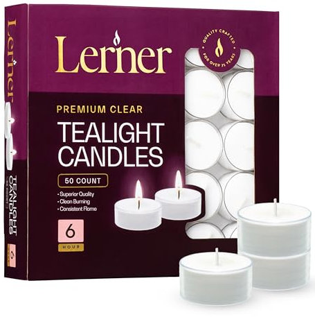 Lerner Tealight Candles in Clear Cups, 50 Count| 6 Hours Long-Burning White Tea Light Candles| Non-Toxic, Smokeless & Soot-Free Tea Light Warmer Candles | Unscented Party, Décor, Shabbat Tea Candles