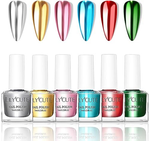 Virellay 6 Pcs Mehrfarbig Spiegel Nagellack Metallic Glänzende Chrom Nagellack mit Silber, Gold, Rosa, Blau, Rot und Grün Colors Kein UV Benötigt für Frauen