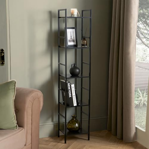 OHS Narrow Shelving Unit with 5 Tiers, Industrial Tall Bookcase Thin Narrow Storage Unit Metal Frame Ladder Shelf for Bedroom Living Room Bathroom, Black - 140 x 30 x 24cm
