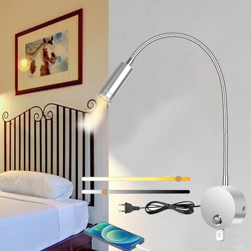 Comioke Lampada da Lettura a Parete, Luce da Muro con Interruttore di Controllo Tattile e Presa di Ricarica USB Luce Regolabile Applique a Collo d'oca Flessibile Illuminazione Letto con Caricatore
