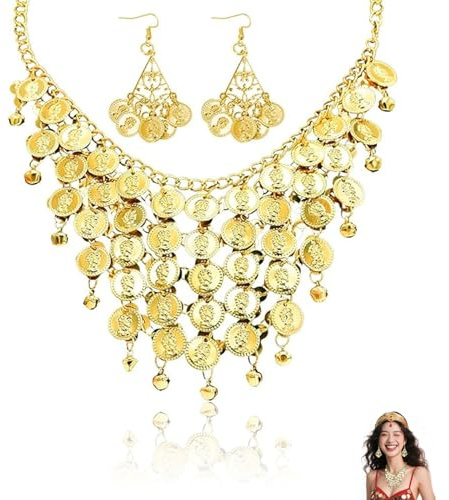 AzureRay Bauchtanz Accessoires Damen, Belly Dance Costume Schmuck Set mit Gold Ohrringen & Kette, Orientalisches Bauchtanz Kostüm Zubehör für Karneval, Mottoparty & Fasching