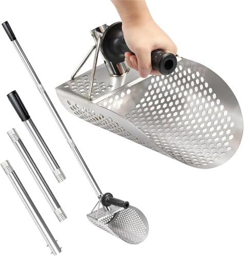 Metal Detecting Sand Scoop - Heavy Duty Stainless Steel Beach Shovel with Detachable 55-Inch Handle for Sand Sifting and Treasure Hunting