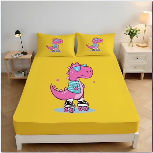 Jaune Colza Drap Housse 160x200cm+30 Bonnet 30cm, Dinosaures De Dessins Animés Draps Housses Microfibre Doux, Résistant,Anti Plis,Drap Housse 1 Personnes avec 2 Taie d'oreiller