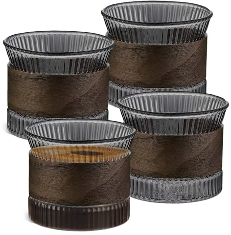 Juego de 4 tazas de café de cristal de 150 ml con funda de madera de nogal, tazas de espresso, tazas de té, tazas de café expreso, vasos de capuchino, juego de tazas para amantes del café