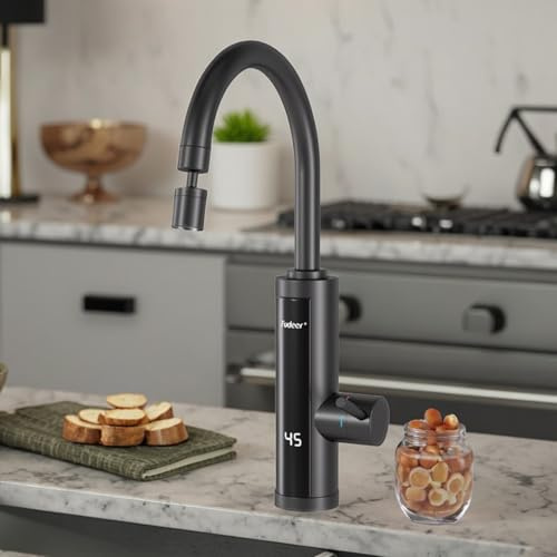 Electric Hot Water Tap with Universal Nozzle, Instant Heating Tap for Kitchen, Stainless Steel Water Heater Tap Supply Hot and Cold Water Faucet with Digital Display (Stainless Steel Gooseneck)