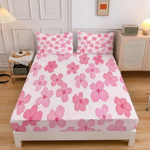 Lenzuolo Rosa Piante Illustrazioni Fiori Fiori Pesco, Lenzuolo con Angoli, Microfibra Morbida Spazzolata, 80x190cm Set di Biancheria da Letto con Tasche Profonde da 30 cm con 2 Federe 50x80 cm