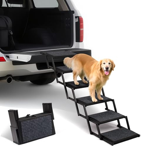 Hundetreppe Auto Klappbar- Hundetreppen Große Hunde [bis 113kg] - Gelenkschonende Einstiegshilfe Hunde Auto SUV - Hundeleiter Faltbar mit Anti-rutsch Einsatz - 5 Stufen Extraweit Grau