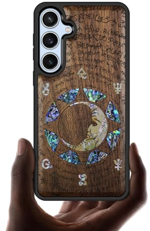 Carveit Designer Wooden Case for Samsung Galaxy S24 FE Case Cover [Wood Engraving & Shell Inlay] Compatible with Wireless Chargers S24 FE Cover (A Manuscript Enigma-Walnut)