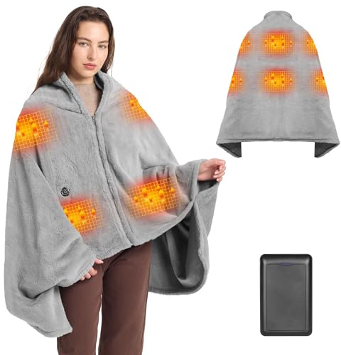 Moteoza Electric Blanket Without Cables 180 x 90 cm with 16000 mAh Battery, 6 Heat Zones, 3 Temperature Levels, Portable Flannel Thermal Heated Shawl for Home, Office, Car and Camping (Grey)
