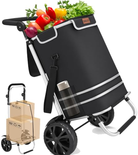 BAKAJI Carrello Spesa 3 in 1 Pieghevole borsa Capacità di 56 Litri, Carrellino a Mano Portaspesa e Portapacchi Carico 30 kg con Manico Ergonomico, Ruote e Tracolla, Trolley Salvaspazio (Nero)