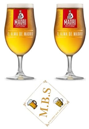 Madri Exceptional Beer Chalice Glass, 295ml (10oz), Set of 2 with Midlands Bar Suppliers Thin Coaster, Official Merchandise