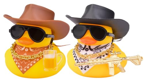 Lokideer Gummi Ente Auto Dekorationen, 2 Stück Ente Auto Armaturenbrett Ornamente mit Cowboyhut Sonnenbrille Bier-Requisiten, Party Auto Dekoration und Heimdekoration Party Geschenke