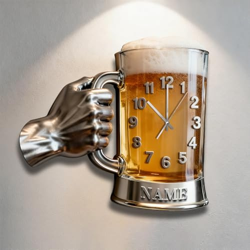 Orologio da parete personalizzato con tazza di birra con nome personalizzato, orologio a tema birra, decorazione artistica da parete 2D a forma di tazza di birra per bar, man cave, camera da letto