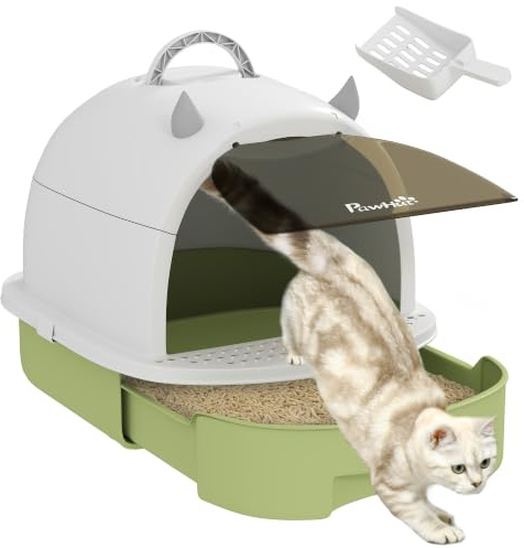 PawHut Cat Litter Tray with Lid, Pull-Out Drawer, Privacy, Green | Enclosed Cat Litter Box, Scoop, Deodorising Bags for Odour Control, Portable, Easy to Clean