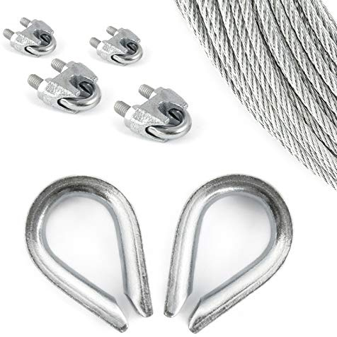 Set 40 m ståltråd rep galvaniserad 4 mm tråd: 6 x 7 + 4 klämmor + 2 tjuvar - många storlekar tillgängliga