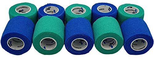 PintoMed Selbstklebender Verband, Gedehnt-10 x Bandagen Rollen -5xBlau+5xGrün-5cmx4,5m Haftbandage Verband Fixierbinde selbsthaftend Health Pflaster sport tape Stück für Handgelenk, Bein,Arm,vet wrap