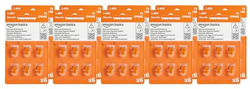 Amazon Basics Lot de 60 piles zinc-air pour appareils auditifs, taille 13, 1,45 V, durée de conservation de 4 ans, Emballage sans danger pour les enfants (utilisez des ciseaux pour l’ouvrir)