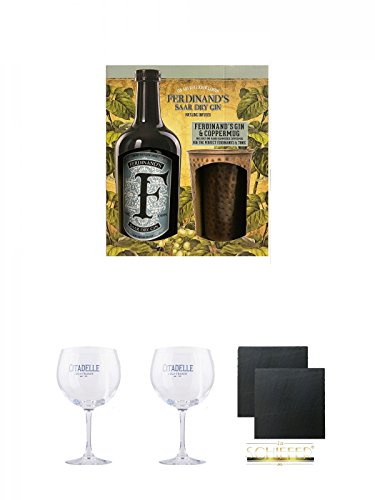 Ferdinands Saar Dry Gin Deutschland in GP mit Kupferbecher 0,5 Liter + Citadelle Ballon GIN Glas 1 Stück + Citadelle Ballon GIN Glas 1 Stück + Schiefer Glasuntersetzer eckig ca. 9,5 cm Ø 2 Stück