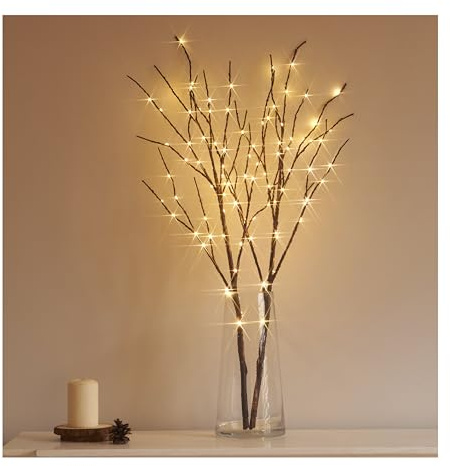 Hairui Lighted Brown Branches Battery Operated with Timer 30IN 100 LED Fairy Lights, Willow Branch Lights for Home Bedroom Fireplace Christmas Holiday Decoration Indoor Outdoor Use (Vase Excluded)