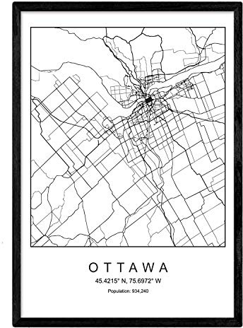 Tryck Ottawa stadskarta nordisk stil svart och vit. Affisch A4 tryckt papper nr 250 gr. Målningar, tryck och affischer för vardagsrum och sovrum