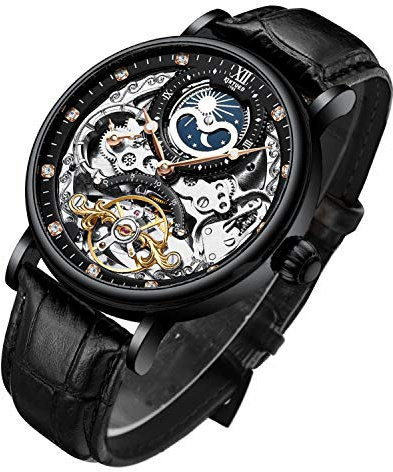 Bestn Herren-Armbanduhren mit automatischem Aufzug, Allochro, leuchtende Zeiger, Skelett, mechanische Schwarze Uhr Leather Black①