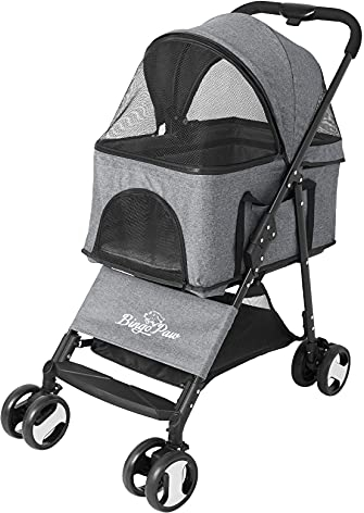 BingoPaw Hundebuggy Hundewagen bis 25 kg: faltbar Haustiere Buggy Wagen für kleine Hunde und katzen, Jogger Hundekinderwagen Katzenbuggy mit 4 Rädern, Netzfenster, Ablagekörbe Regenschutz, Grau