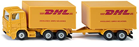 siku 1694, LKW mit Anhänger DHL, Metall/Kunststoff, Gelb, Heckklappen zum Öffnen, Abnehmbarer Anhänger