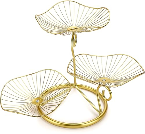 OwnMy 3-Tier Fruit Basket Fruit Stand Iron Fruit Bowl for Kitchen Counter | Gold Decorative Metal Wire Fruit Holder Trays for Vegetables Bread Snack, Modern Lotus Fruit Bowls for Kitchen Countertop