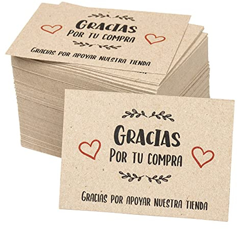 Trashy World 100 Tarjetas gracias por tu compra, en Español. 10x7 cm, agradecimiento, para acompañar en el pedido de tiendas online y comercios, vintage, Cartulina 100% reciclada